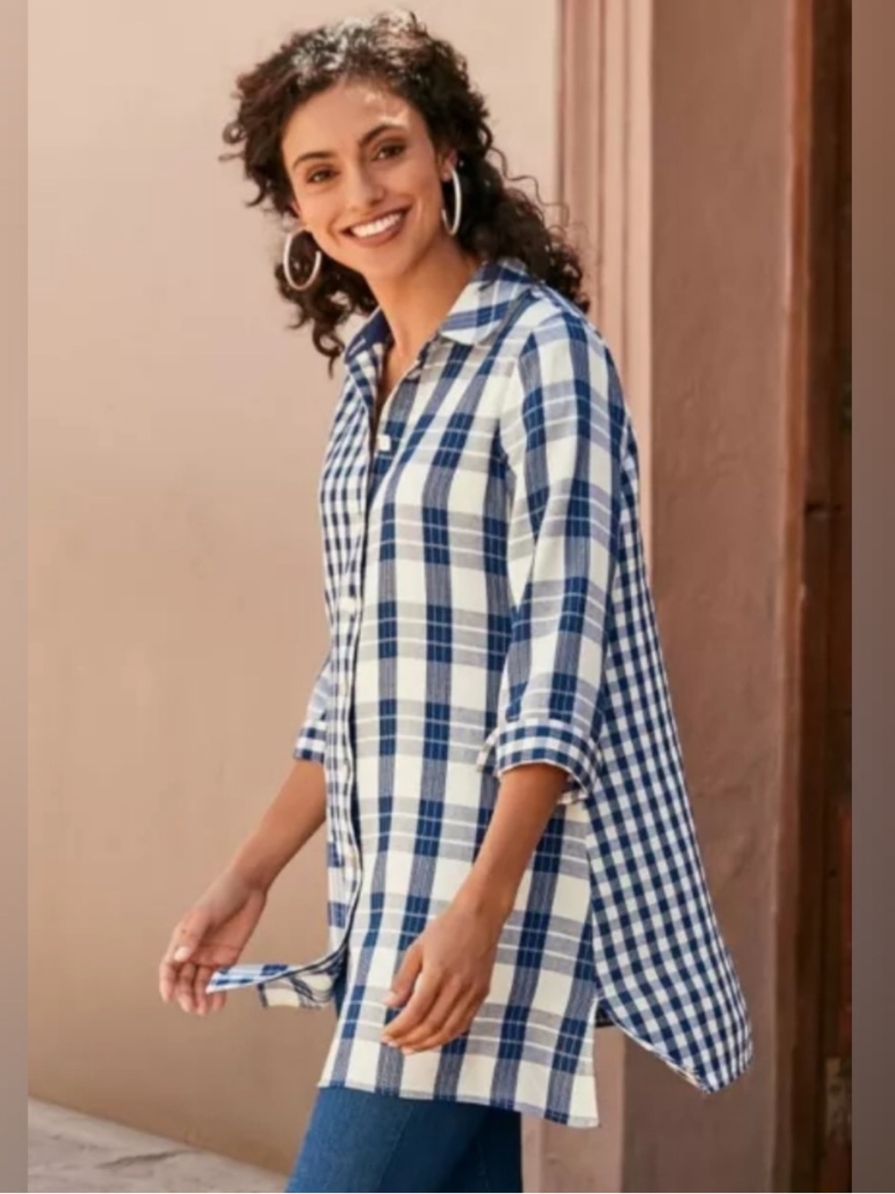 Soft Surroundings Tunic Blue Plaid Huntleigh Shirt Twill  Size Large